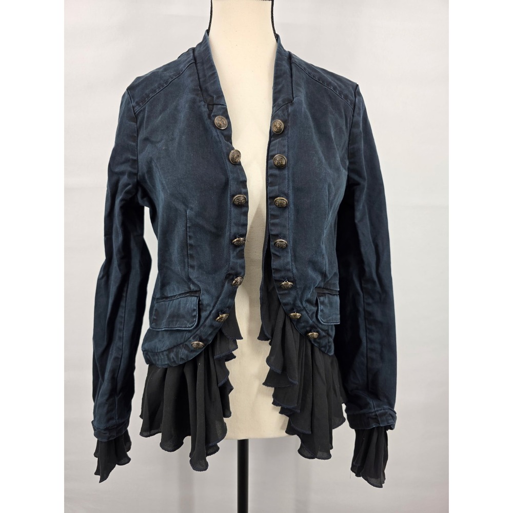 Free People Ruffle Hem Military Jacket Navy Blue Brass Buttons Victorian Small